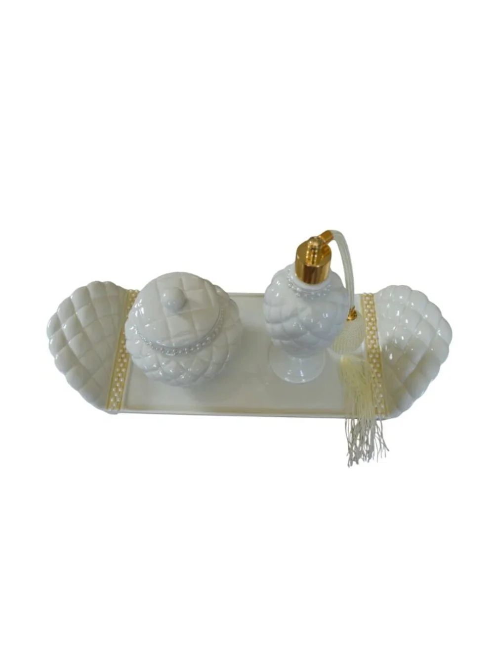 New Vintage 1999 Avon Porcelain Vanity 3 Piece Gift Set Quilted Hollywood Regenc